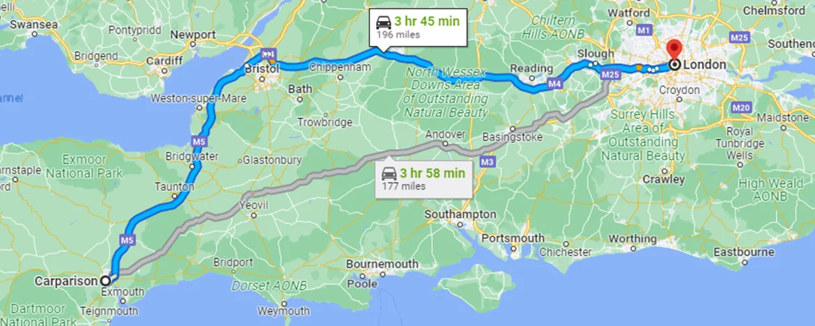 Map of journey from Exeter to London