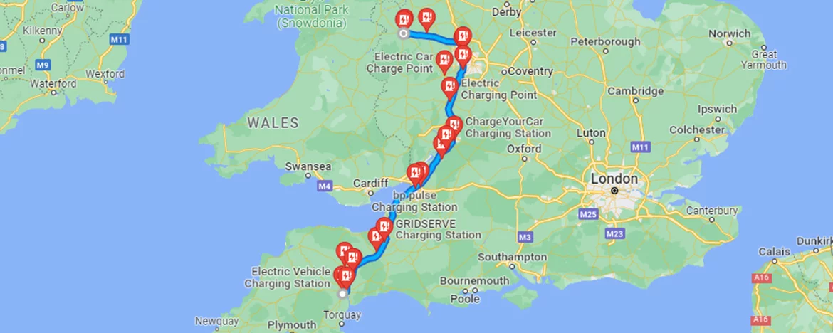 Map of journey from Exeter to Shrewsbury